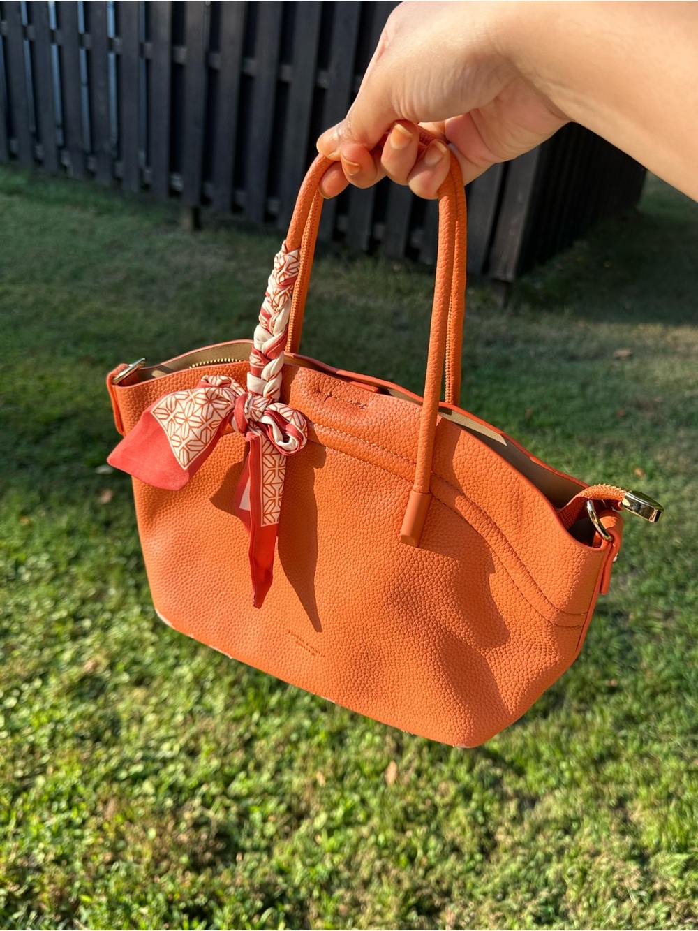Orange Leather Hand Bag with Scarf Accent